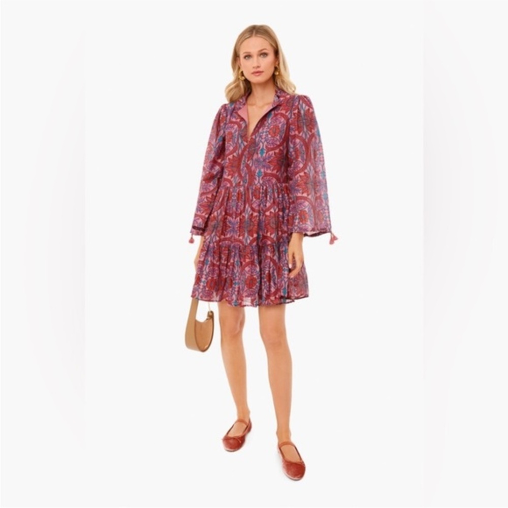 Oliphant Dress Yoke Mini Long Sleeve in Red Pink Monaco Rose